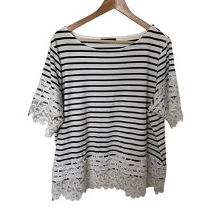 Tommy Hilfiger Womens Black White Striped‎ Lace Trim Short Sleeve Top Size XL